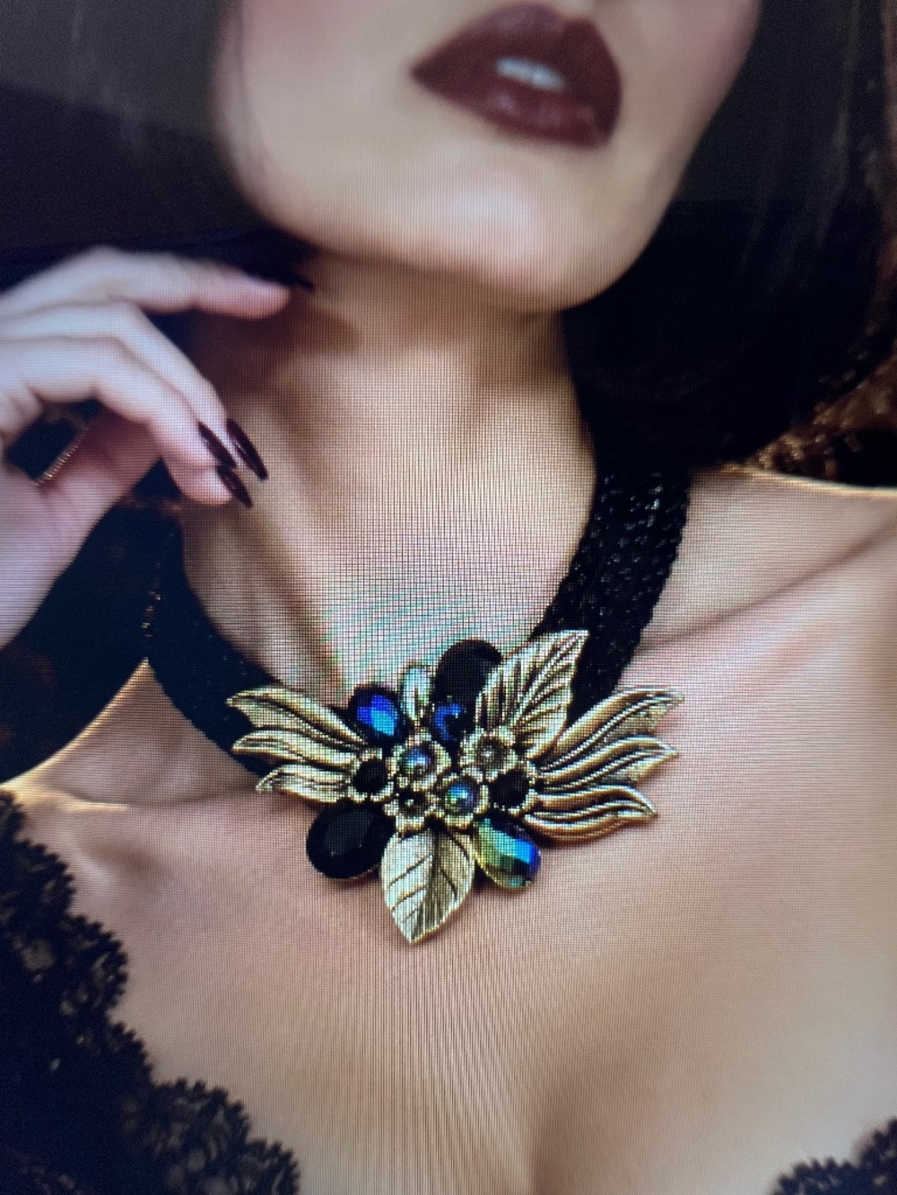 Gothic Victorian Revival Silky Black Braided Choker Antiqued Gold Floral Choker